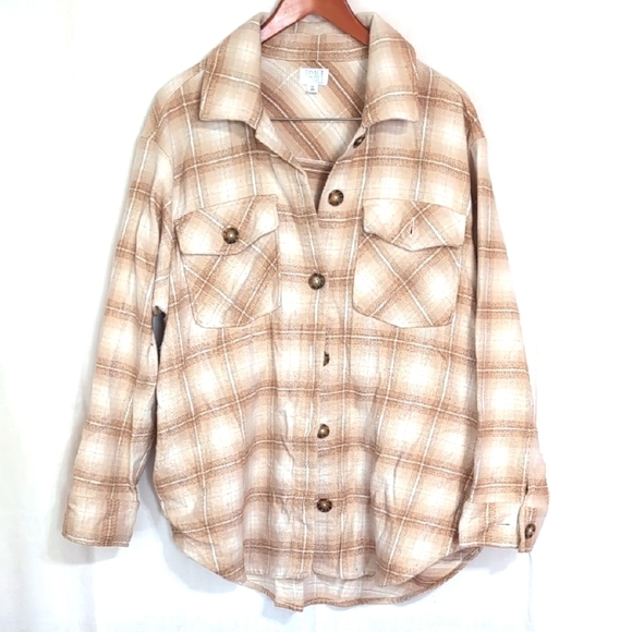 Time and Tru Beige White Flannel Button Front Shacket Size XXL - Picture 1 of 6